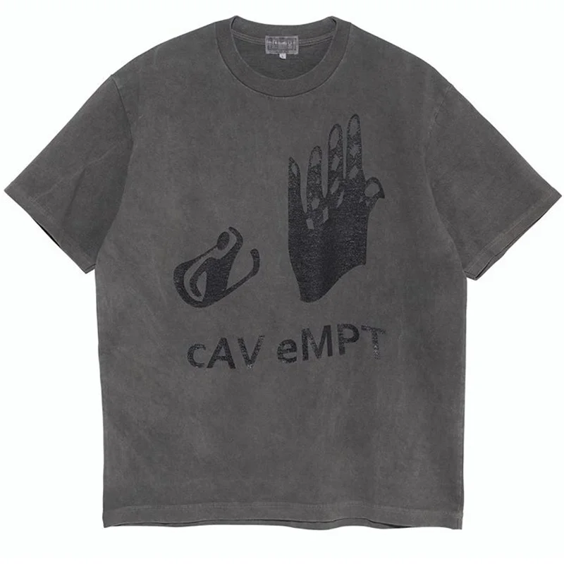 

CAVEMPT C.E 21AW Retro Dilapidated Washing Batik Palm Ghost Hand Fallow Round Neck Short Sleeve T-Shirt For Men And Women