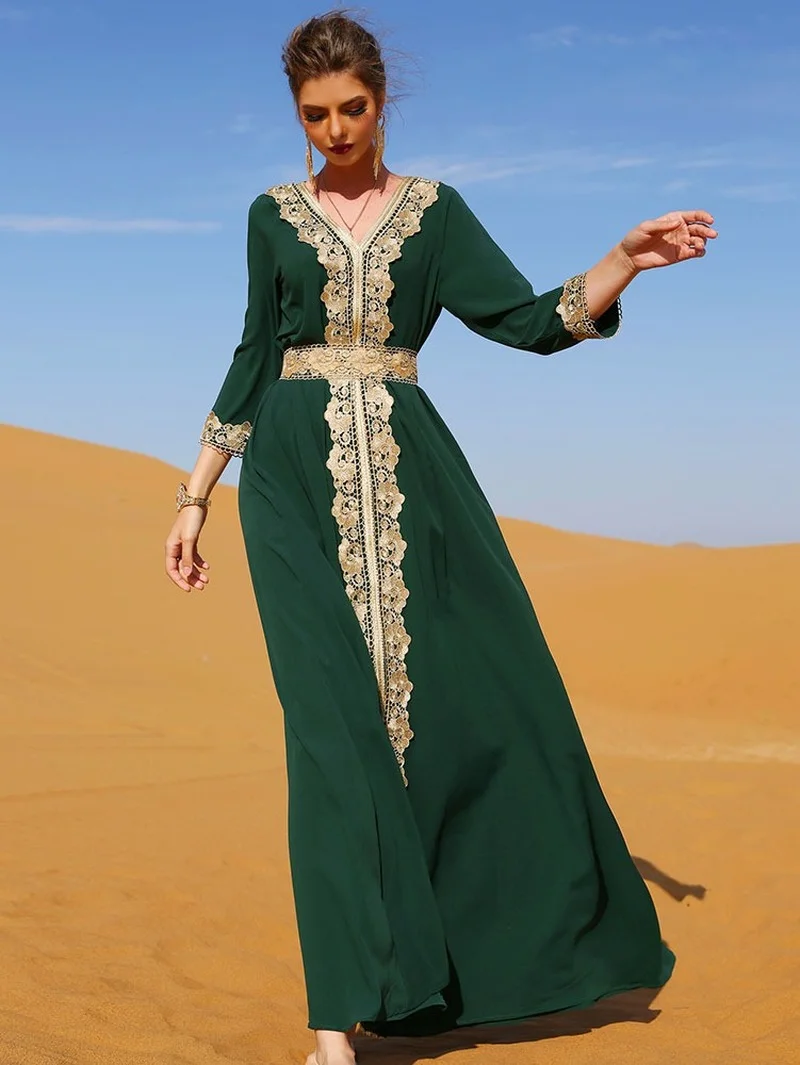 

Kaftan with Embroidery Women Vintage Arabic Abaya Jalabiya Moroccan Caftan Belted Muslim Dubai Saudi Long Dress Party Ramadan