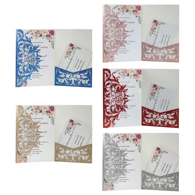 

10Pcs Glitter Floral Laser-cut Wedding Invitation Cards with Envelope & Blank Inner Sheets for Wedding Engagement