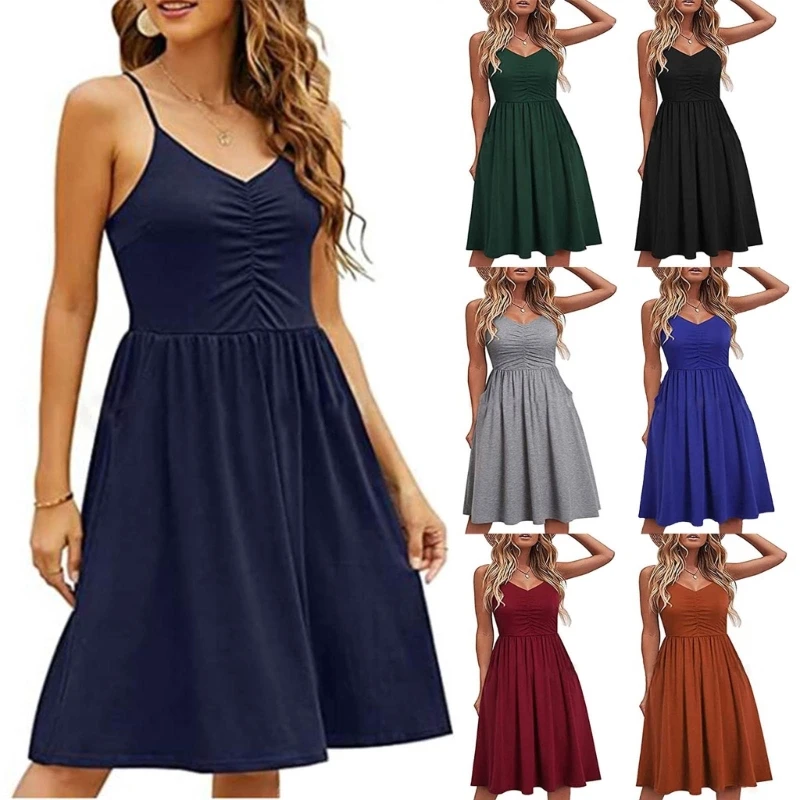 

Женское летнее платье-миди с карманами, V-образным вырезом и высокой талией