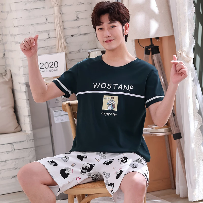 

Cotton Summer Thin Men's Pajamas Set Plus Size Short Sleep Tops Pant Sleepwear Suit Male Home Suit Homewear Casual Pyjamas