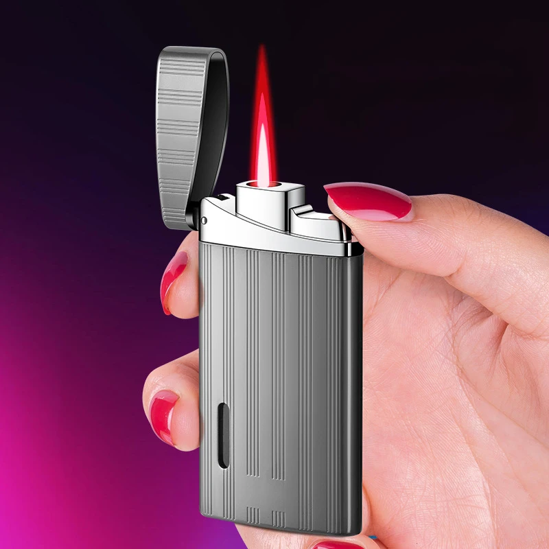 New Personalized Metal Wind proof Lighter Visor Red Flame with Butane Gas Embossed Design Cigar Cigarette Accessories Men's Gift