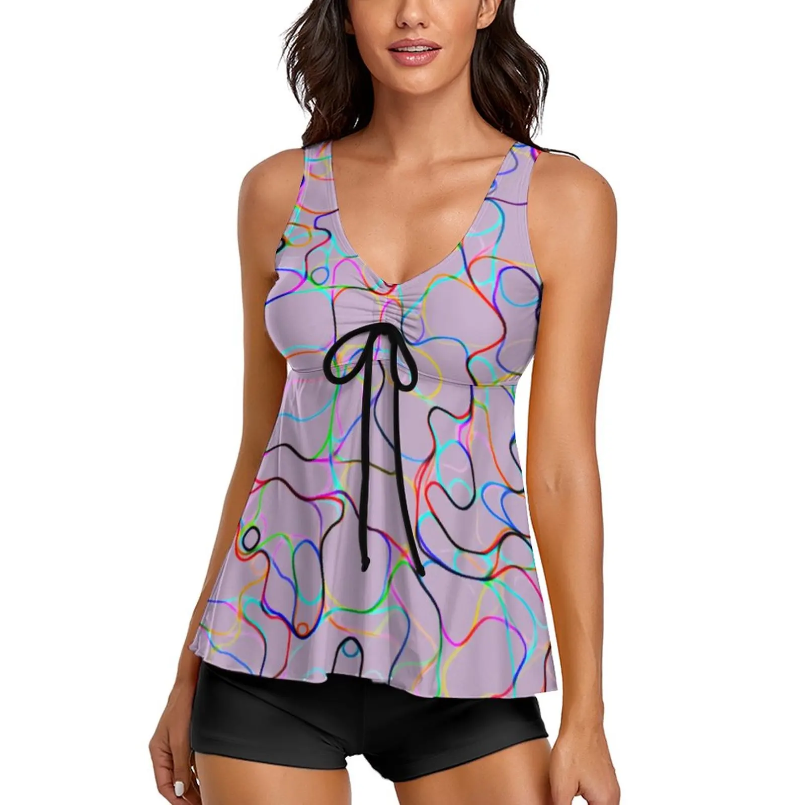 

Curvy Lines Tankini Swimsuit Colorful Print Swimwear Stylish Bathing Suit Women 2 Pieces Swim Beach Wear