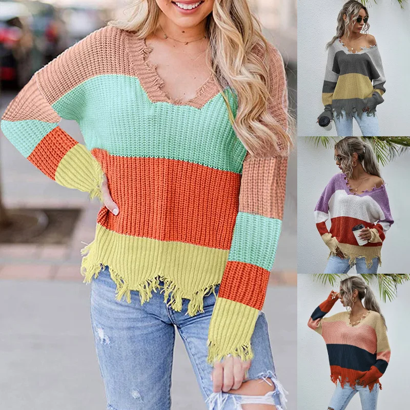 

2022 autumn and winter new women's cut tassel sweater V-neck colorblock sweater