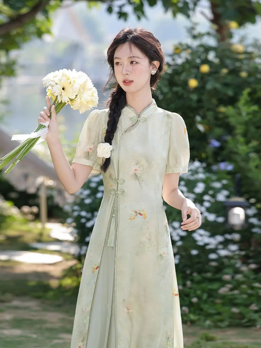 Женское платье с коротким рукавом длинное Ципао в китайском стиле поясом лето 2024