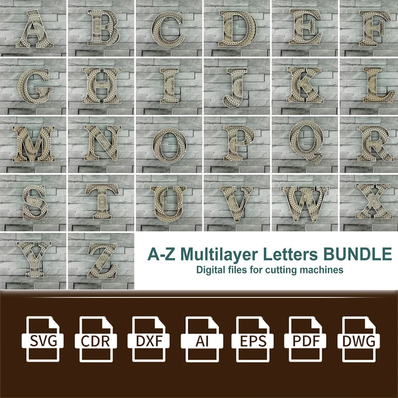 

A-Z Layered Letters Bundle Laser Cut AI/SVG/DXF/DWG/CDR/EPS/PDF Vector Files Layouts Model for CNC Laser Cut Priting