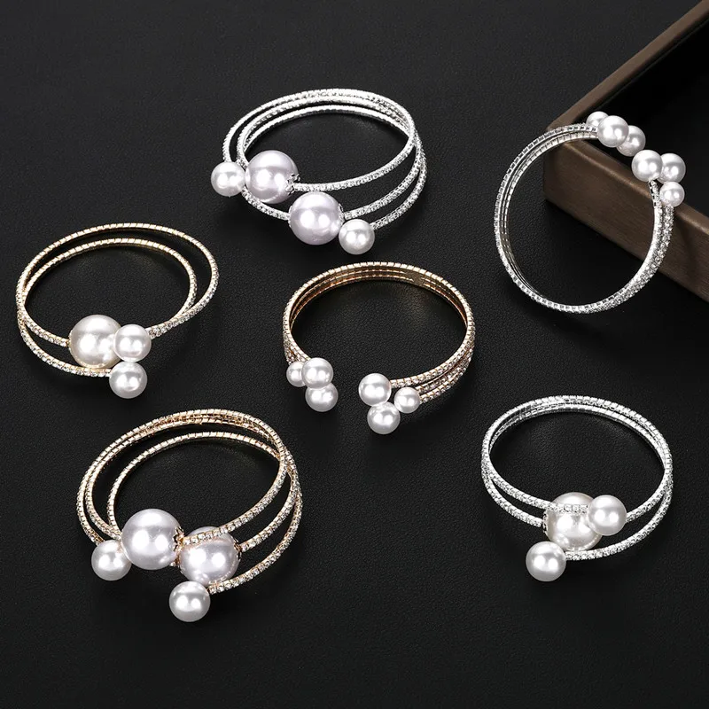 

New Rhinestone Cuff Pearl Bracelet Winding Bangles Multirow Pearl jewelry Wholesale bracelets Pulseras Mujer Bridal Jewelry Gift