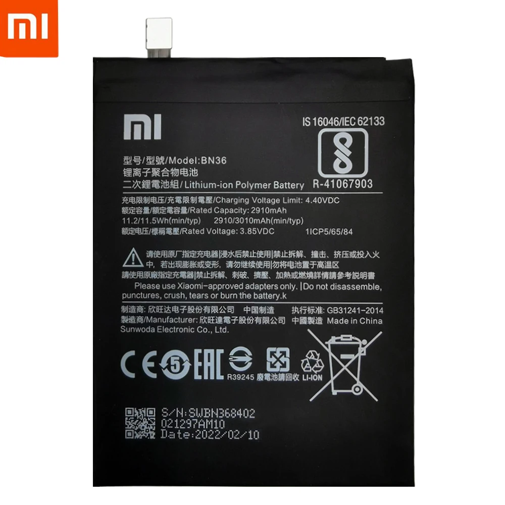 2022 years 100 orginal xiao mi bn36 2910mah battery for xiaomi 6x a2 mi6x mia2 m6x ma2 high quality phone replacementtools free global shipping