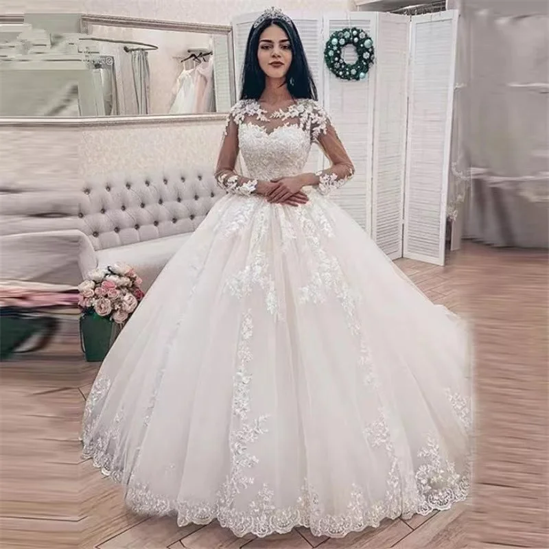 Купи Illusion Plus Size Long Sleeves Ball Gown Wedding Dress 2022 Bridal Gown Lace Appliques vestido De Noiva Train Robe De Marie за 6,158 рублей в магазине AliExpress