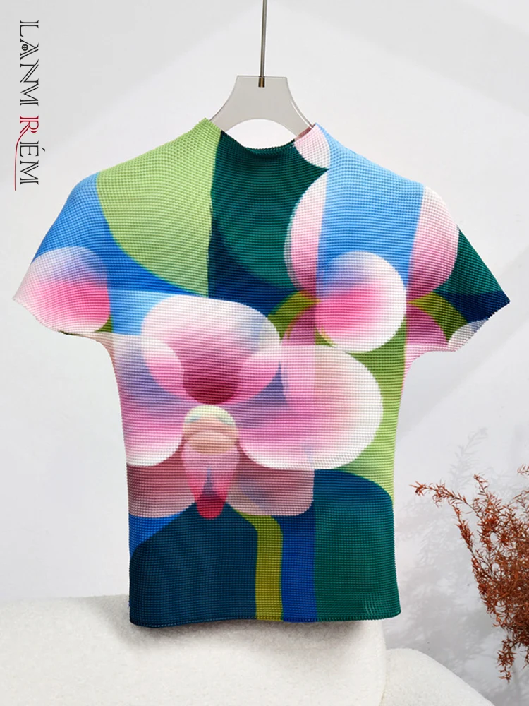

LANMREM Designer Printed Flower Pleated T-shirt For Women Round Neck Short Sleeves Slim Thin Fashion Tide Tops 2023 New 32D119