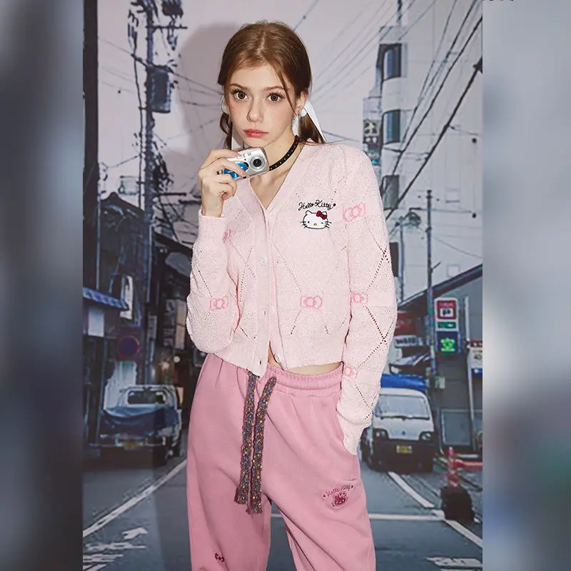 

Kawaii Sanrios аниме серия Hello Kitty Милая ветровка вязаный кардиган ледяной Шелк Алмазная решетка вышивка маленькая тонкая куртка