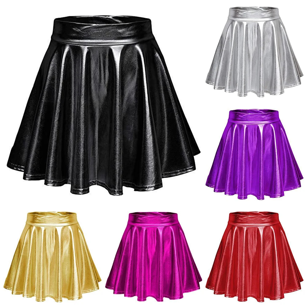 

SISHION 2022 Women Sexy Summer Skirt VD1348 Imitated Leather Shiny Mini Skirt Metallic-Like Gold Silver A Line Skater Skirt