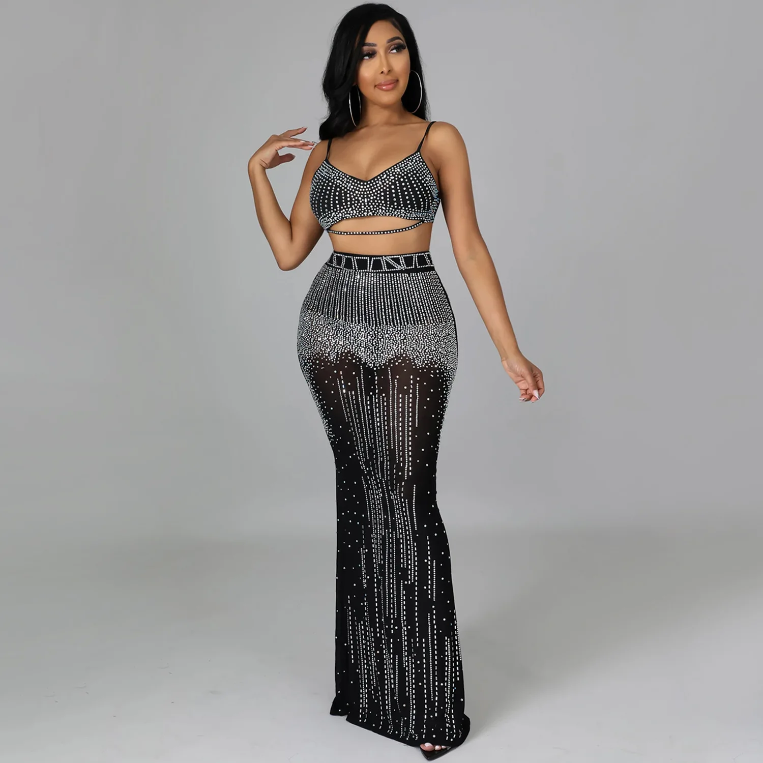 

CFCD-043 2022Y New Arrival Sexy Night Club 2 Piece Set Straps Diamond Party Dress Sparkling Sleeveless Long Dress Women Dress