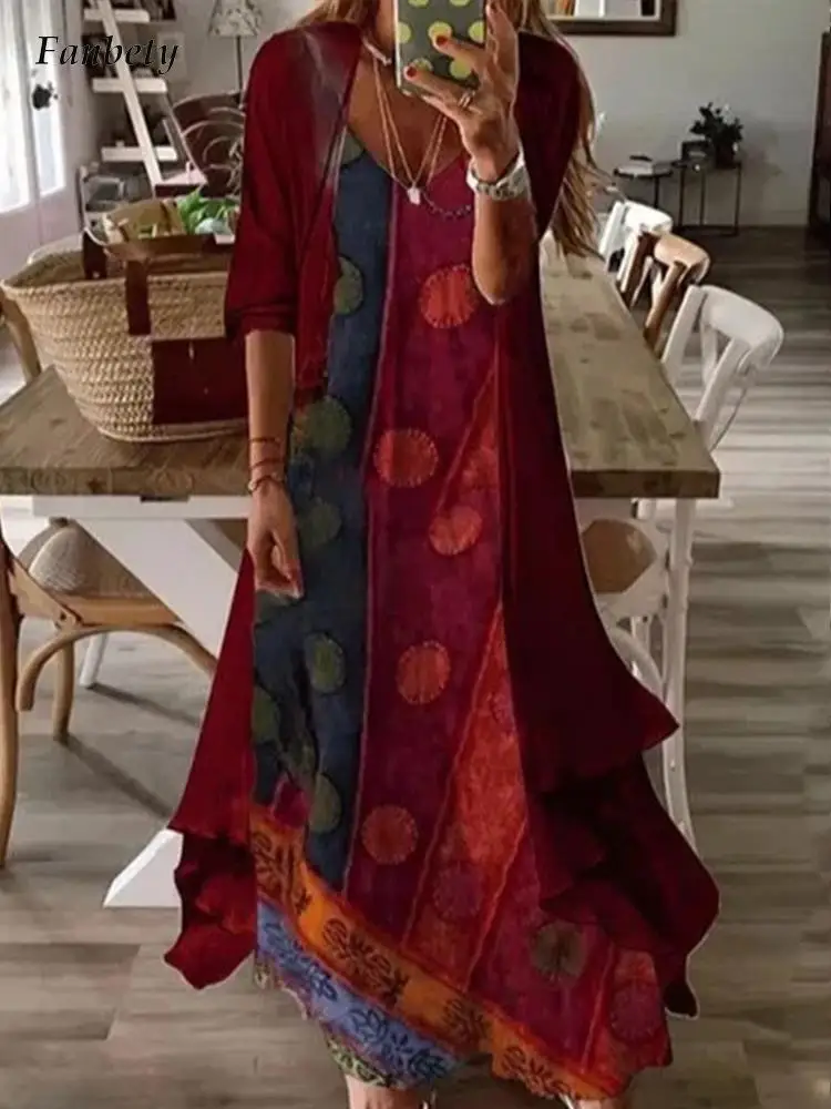 

Vintage Pattern Print Patchwork Loose Suits Women Elegant Cardigan And V-Neck Maxi Skirt Outfits Ladies Fashion Two Piece Sets