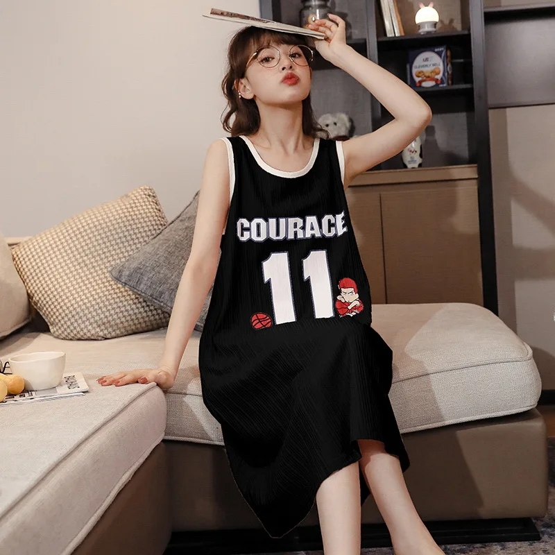 

Summer Night Dress Women Lingerie Girls Cartoon Basketball Sleepwear Sleeveless Cotton Loose Femme Nightgown Leisure wear