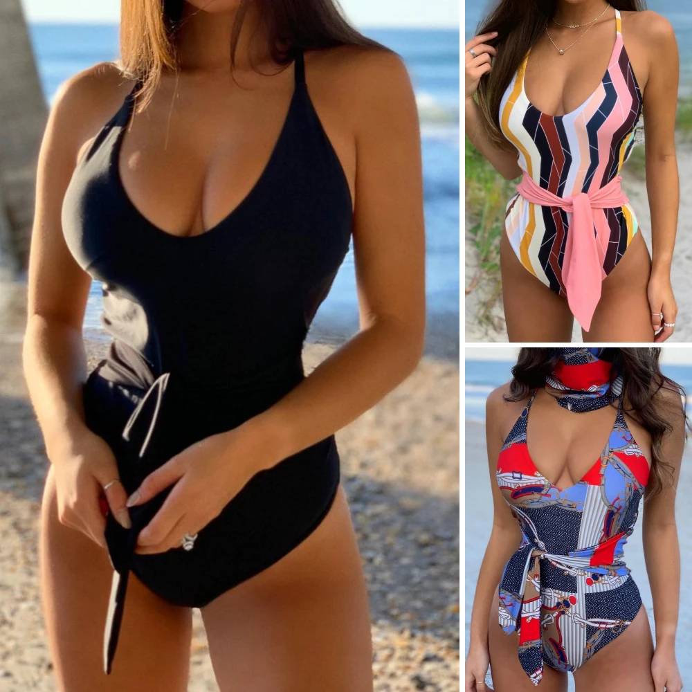 

women one piece suit backless vintage color block stroj kapielowy bikini stringi lace up sexy bikini bodysuit swimwear