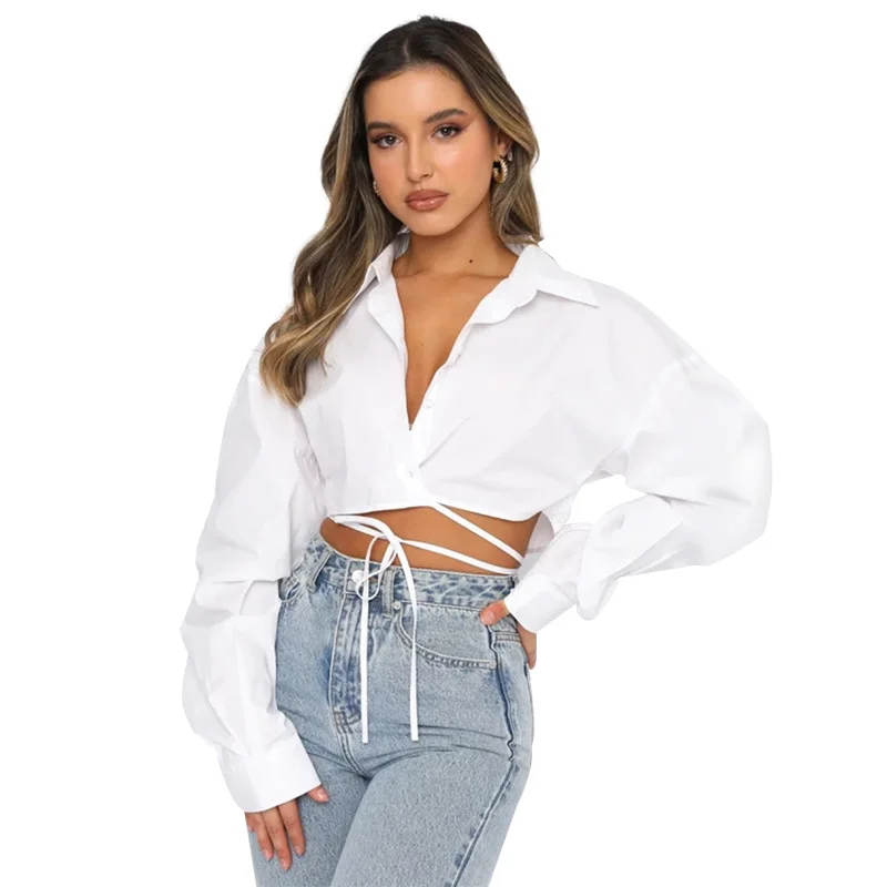 

Y2K Vintage Women\u2019s Casual Long Sleeve Tops Fashion Solid Color Lapel Tie-up Exposed Navel Button Cardigan