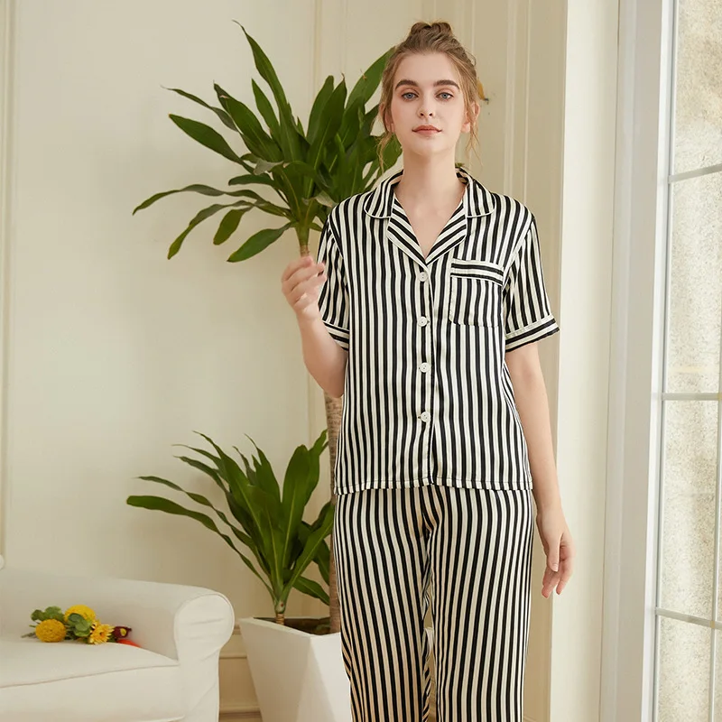 Women's Sleep Pajamas Sets Artificial Silk Suit Spring Short-Sleeved Trousers Loose High-End Homewear for Women Loungewear