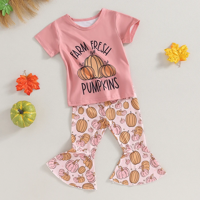 

Halloween Toddler Baby Girl Clothes Pumpkin Short Sleeve T-Shirt Tops Flare Bell Bottom Pants Outfits Set