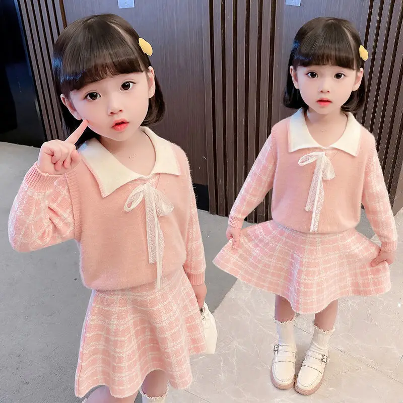 

Платье принцессы для маленьких девочек, Осень-зима, Новое Детское клетчатое розовое платье + жилеты, вязаные костюмы, верхняя одежда для малышей, детские платья-свитеры