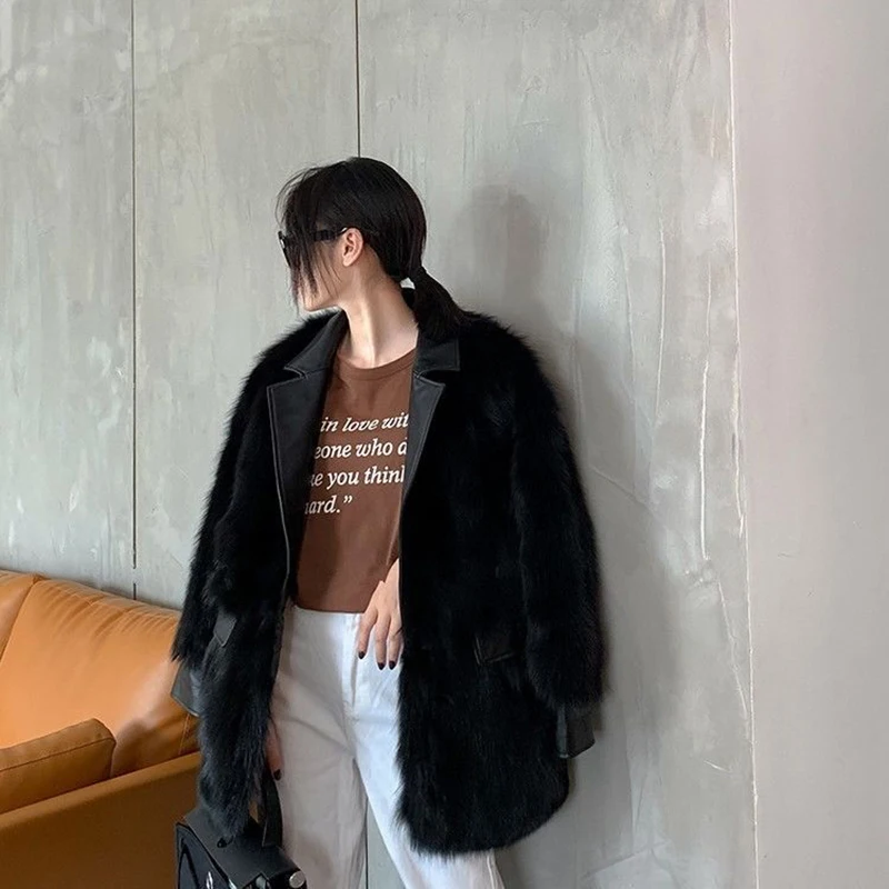 Luxury Vintage Women's Winter Fox Fur Coat Faux Leather Suit Collar rabit fur faux Warm Fur Jacket Sexy Streetwear Overcoat Girl