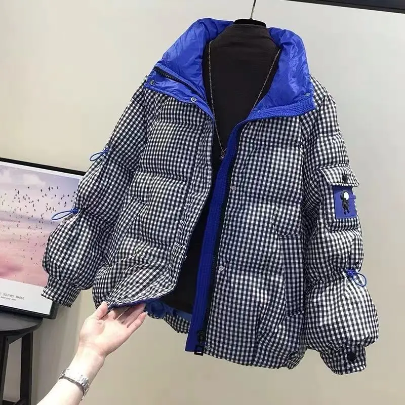 Houndstooth Stand Collar Down Jacket Women New Winter Loose Thick Warm White Duck Down Bread Coat Ladies Zipper Pockets M42