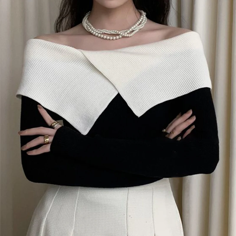 Vintage color-blocking one-shoulder sweater New style French  knitwear in autumn and winter 2022 Fashionable top female