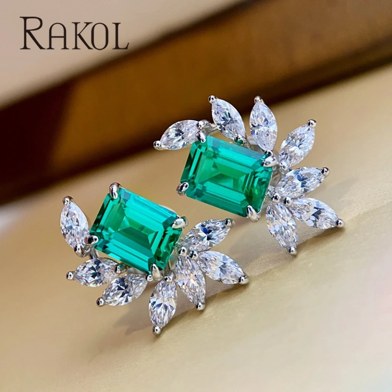 

RAKOL 2022 New Paraiba Tourmaline Cubic Zirconia Crystal Gemstones Stud Earrings for Women Wedding Party Dress Accessories