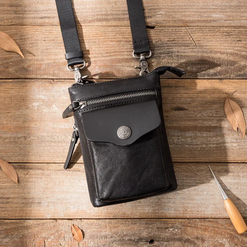 Retro fashion natural genuine leather men's black mini mobile phone bag daily outdoor key wallet single shoulder messenger bag