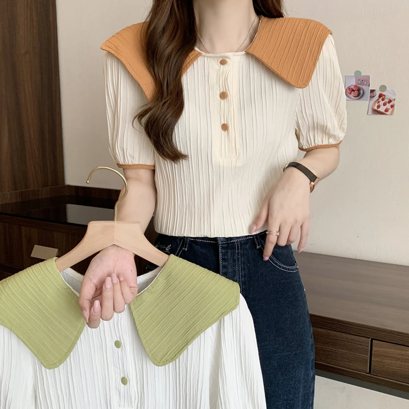 

DUOFAN Sweet Doll Neck Shirts Women 2023 Summer New Contrast Panel Short Sleeve Blouses Lady Temperament Design Sense White Tops