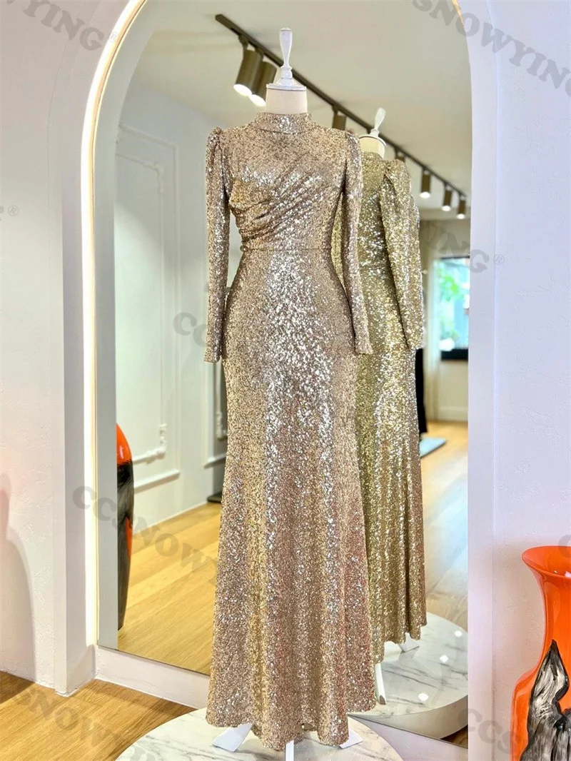 

Sparkly Sequin Mermaid Muslim Evening Dress Full Sleeve Islamic Prom Formal Party Gown Women Arabic Dubai Robes De Soirée