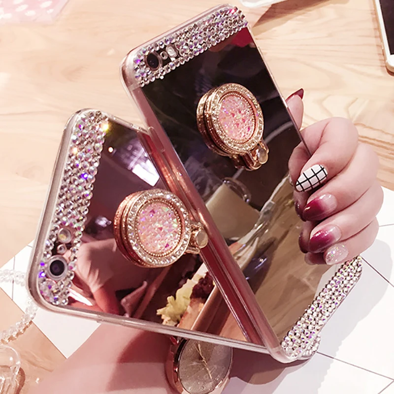 For iPhone 14 13 12 11 Pro Mini 8 6 7 XS Max XR SE 2020 Case Glitter Diamond 360 Rotation Ring Stand TPU Mirror Rhinestone Funda