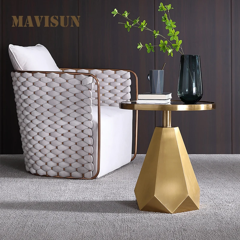 

Golden End Table Simple Nordic Stainless Steel Frame for Apartment Living Room Accent Furniture Natural Marble Round Side Table