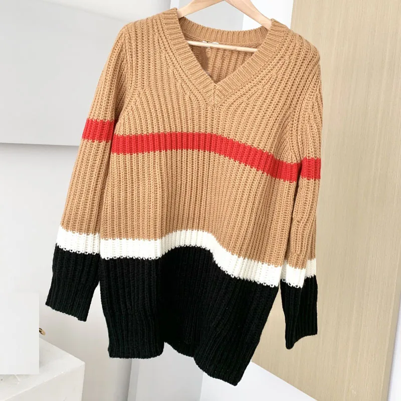 

Женский трикотажный пуловер с контрастными вставками, свитер из 100% шерсти с V-образным вырезом, весна 2022