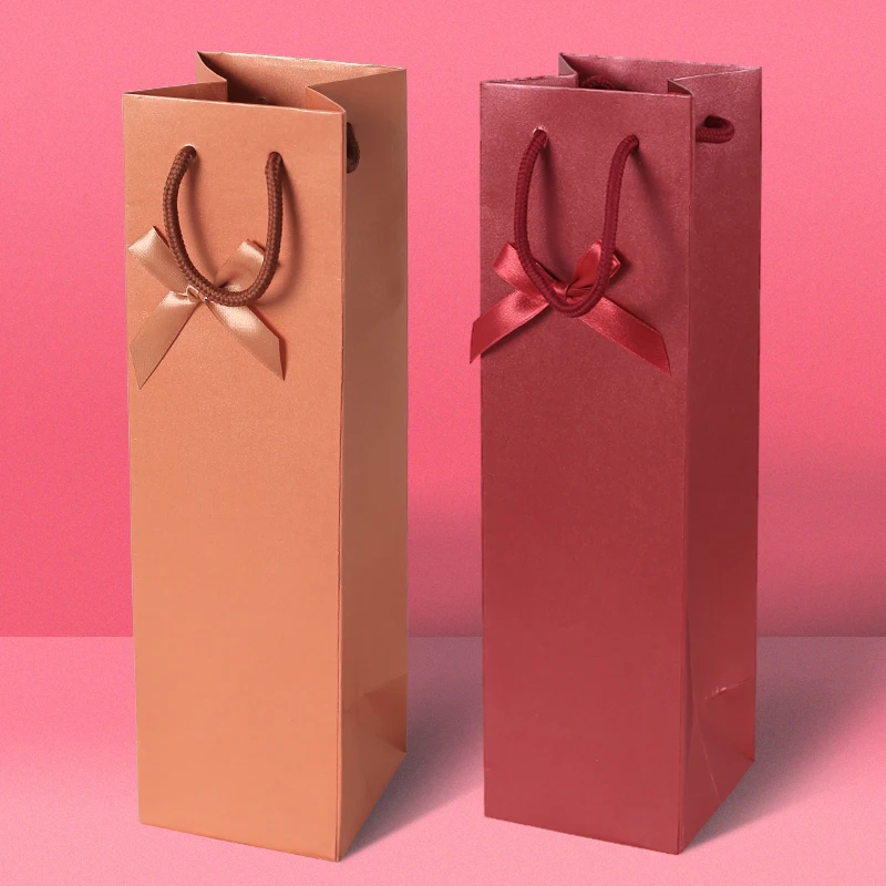 

10PCS Red Wine Packaging Bag Gold Pearlescent Paper Rectangular Gift Bags Red High-grade Small Bottle Bowknot Handbag 8x8x27cm