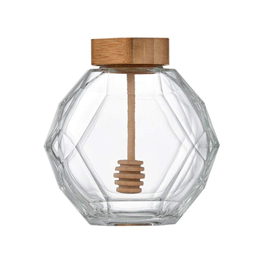 

Glass Honey Jar Six-Pronged Glass Honey Jar With Wooden Lid and Honey Stick Honey Packaging Storage Bottle Kitchen Tool Supplies