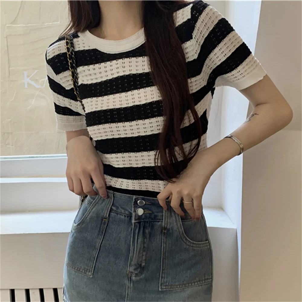 PLAMTEE Summer T-Shirts Women Knitted Hot Sale Stripes Sexy Short Sleeve Chic All Match Hollow Out Loose New Casual Sweater Tees