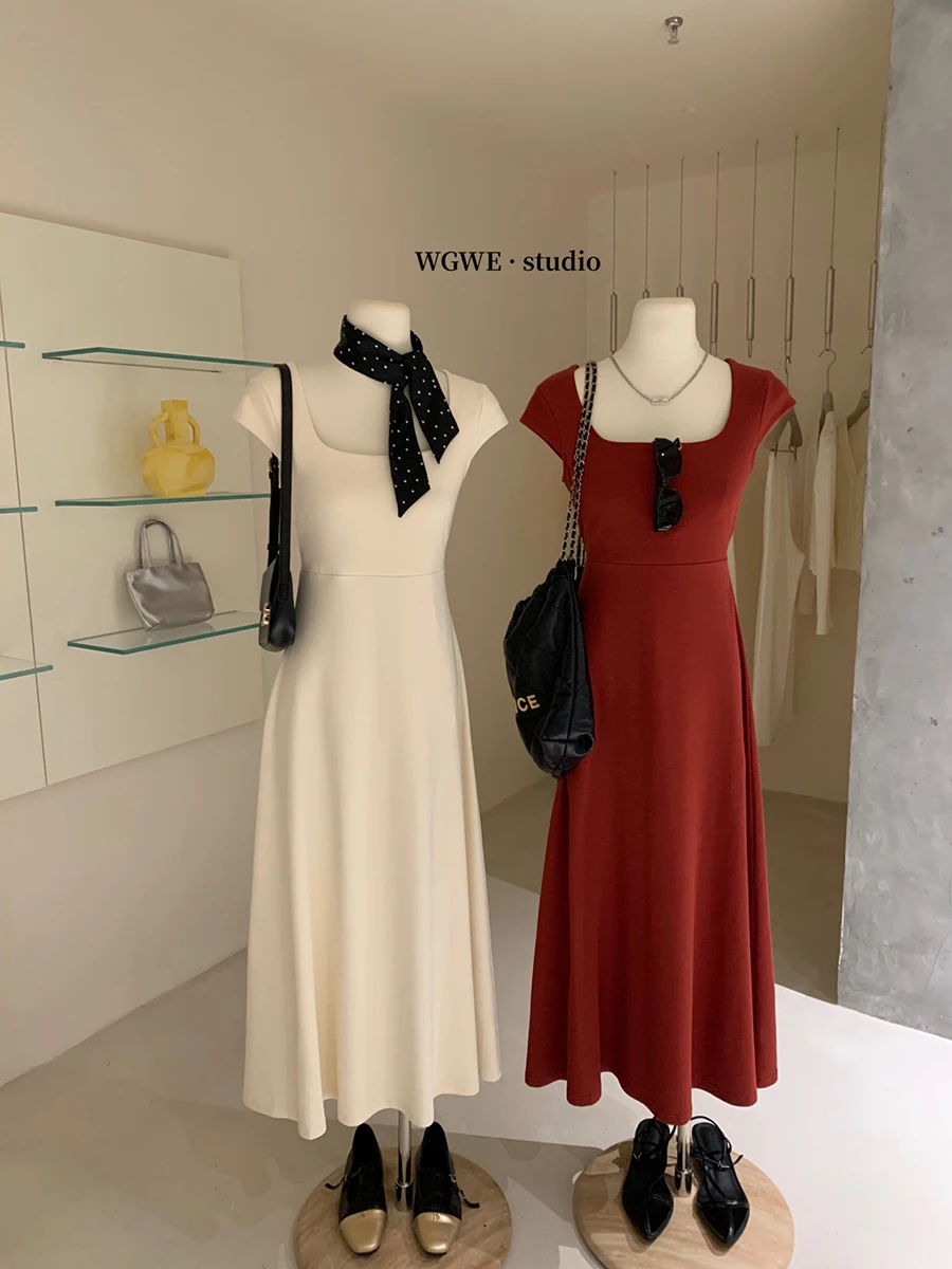 French sle Simple Square Collar Strap Dress Women Versatile Temperament Drape Waist Hugging Slimming Slim fit Long dress