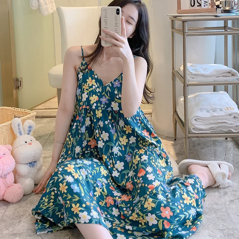 Sexy pajamas for ladies Backstrap nightdress flower Cotton silk sweet student dress sexy sleepwear