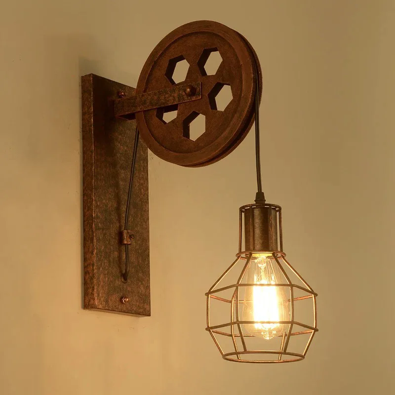 

Loft American Style Retro Personality Corridor Coffee Restaurant Decorative Staircase Industrial Wind Pulley Lifting Wall Lamp