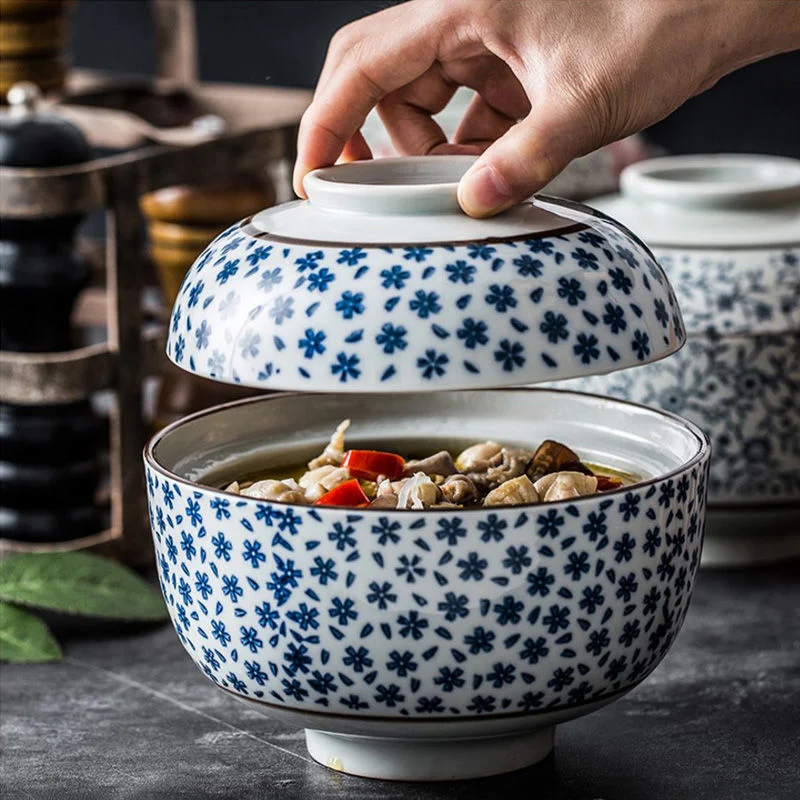

Japanese 6.5 Inch Antique Cyan Glaze Ceramic Bowl With Lid Instant Noodle Soup Ramen Bowls Household Restaurant Tableware