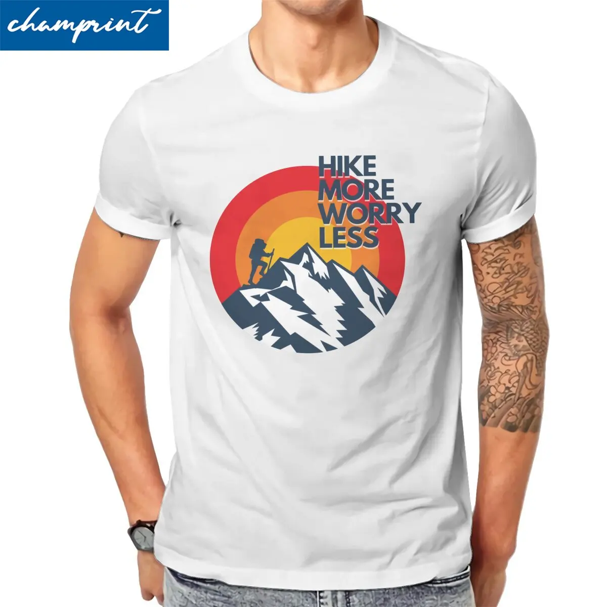 

Hike More Worry Less Men's T Shirts Outdoors Explore Unique Tees Short Sleeve Crew Neck T-Shirts Graphic Printed Clothes
