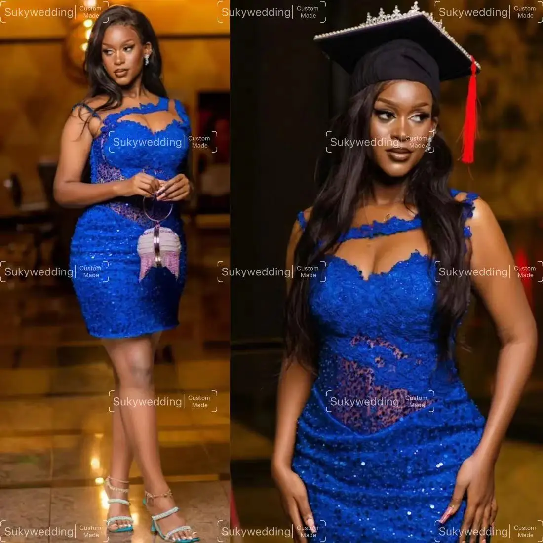Ярко-голубое коктейльное платье Aso Ebi блестящее короткое для выпускного вечера