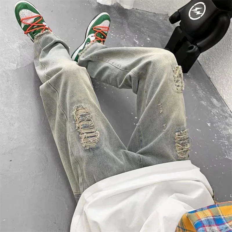 Summer Ripped Blue Jeans Men Fashion Casual Straight Baggy Jeans Men Streetwear Loose Hip Hop Hole Denim Pants Mens Trousers