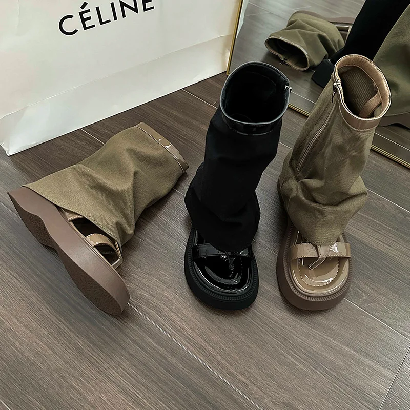 Summer Fashion Trend Trousers Boots Women's Shoes 2023 New Casual Solid Color Mid-Tube Sandals Thick-Soled Flat Shoes Size 35-39
