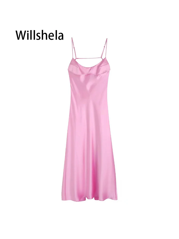 

Willshela женское модное однотонное платье миди с открытой спиной и разрезом на молнии винтажное тонкое платье с лямками на шее шикарное женско...