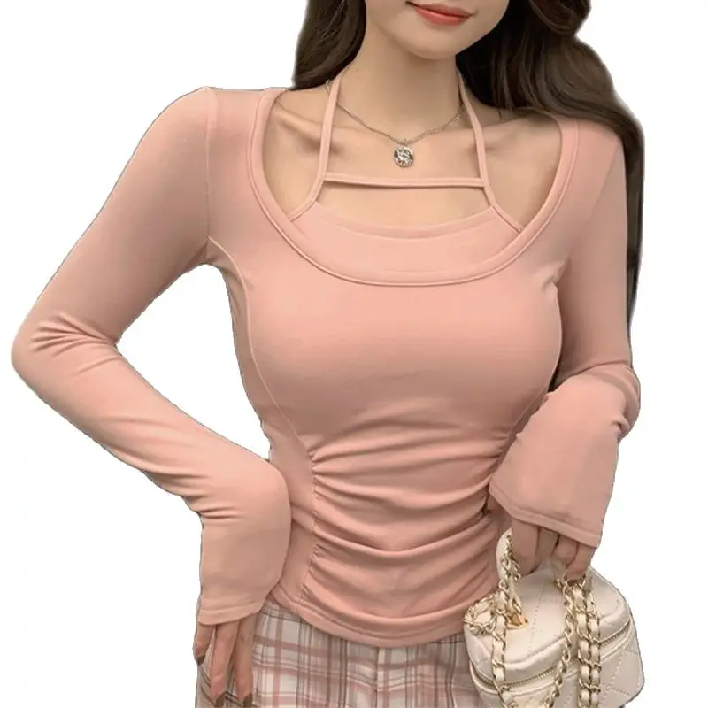 

Сексуальная Универсальная футболка 2022 Весна Новый Холтер шеи выдолбленные slim fit с длинными рукавами топ модная женская одежда