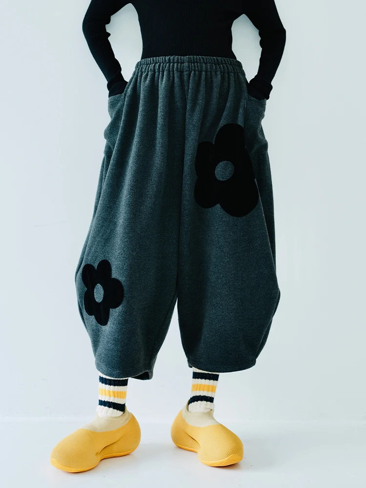 Imakokoni Original Design Plush Elastic Waist Flower Patch Pants Women's Wear Japanese Grey Versatile Casual Pants Winter