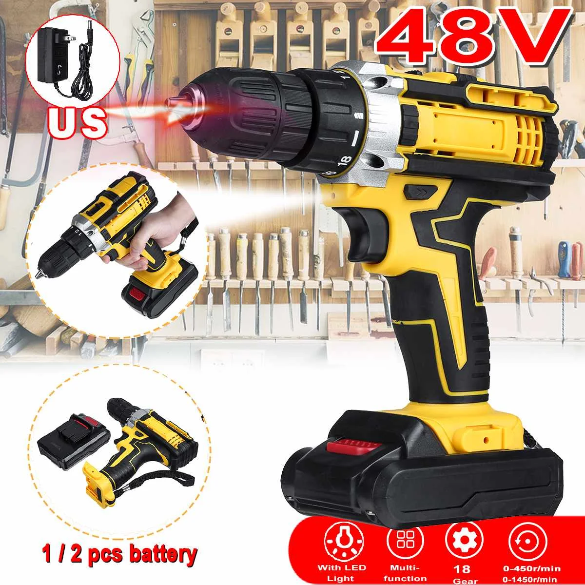 

48V 2 Speeds Adjustment Cordless Electric Drill Brush Motor 18 Gears of Torque Adjustable Holes Drilling Machine Electric Drill