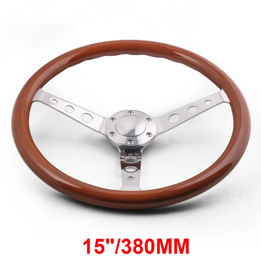 

Universal 380mm 15 inch Classic Real Wood Steering Wheel with Rivet Black Wooden Racing Car Steering Wheel Chrome Silver Spoke